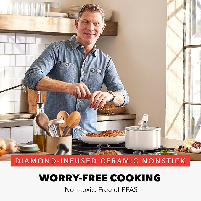 GreenPan x Bobby Flay 12" Nonstick Frying Pan Skillet, PFAS-Free Diamond Ceramic, Induction Suitable, Stay-Cool Silicone Handle, Easy Clean Dishwasher & Oven Safe, Egg & Omelet Pan, Cream