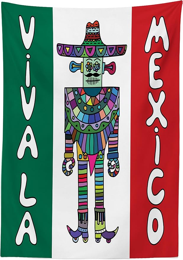 Ambesonne Mexican Tablecloth, Mexican Robot with Sombrero and Poncho on Mexican Flag Colored Background Print, Rectangular Table Cover for Dining Room Kitchen Decor, 60" X 84", Green Vermilion