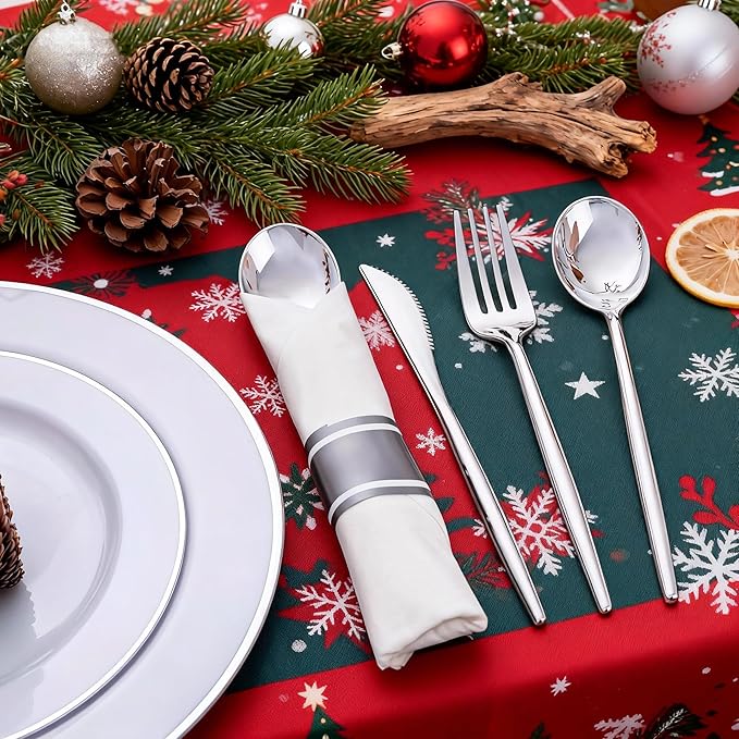 SUT 50 Pack Pre Rolled Silverware Set Disposable, 200 Pcs Silver Plastic Utensils Include 50 Forks, 50 Knives, 50 Spoons and 50 Napkins, Plastic Cutlery, Wrapped Silverware Set Disposable for Party