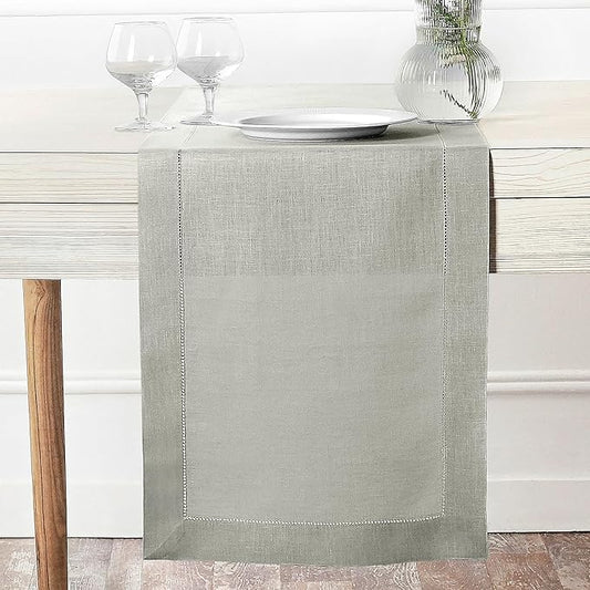 D'Moksha Homes Linen Silver Grey Table Runner 90 Inches Long - Classic Hemstitch 100% Pure Linen Dining Table Runner 14 x 90 Inch for Winter, Holiday, New Year