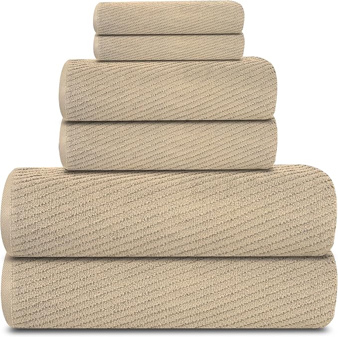 Tens Towels Pack of 6 Zero Twist Towels Set, 2 Bath, 2 Hand, 2 Waschloths, 100% Cotton, Light Weight, Extra Absorbent, Exceptional Softness, Perfect for Bathroom (Beige)