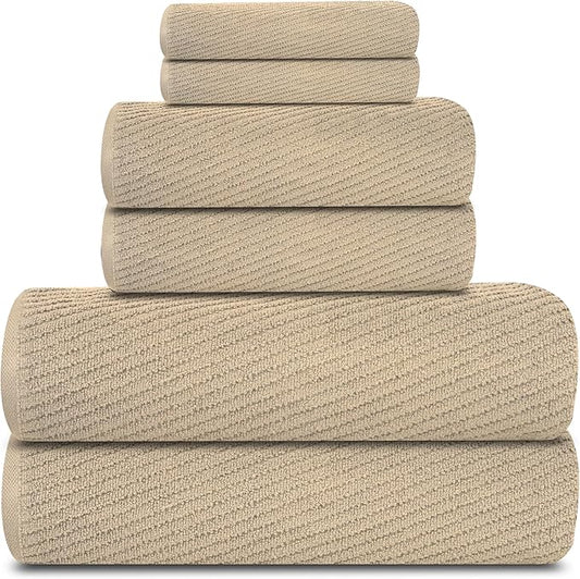 Tens Towels Pack of 6 Zero Twist Towels Set, 2 Bath, 2 Hand, 2 Waschloths, 100% Cotton, Light Weight, Extra Absorbent, Exceptional Softness, Perfect for Bathroom (Beige)