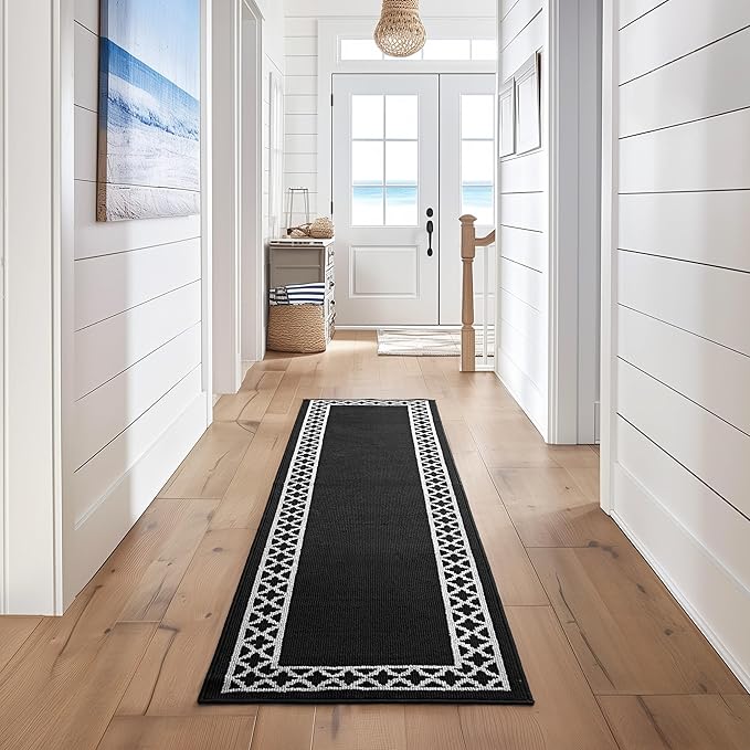 Nautica – Runner Rug | Indoor Runners for Hallways and Entry Rugs| Non-Slip and Non-Skid Entry and Kitchen Door Mat| Machine Washable Entryway Carpet Rugs | 2'2" x 8'| Trellis Black