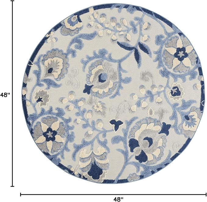 Nourison Aloha Indoor/Outdoor Blue/Grey 4' x Round Area Rug, Easy Cleaning, Non Shedding, Bed Room, Living Room, Dining Room, Backyard, Deck, Patio (4 Round)