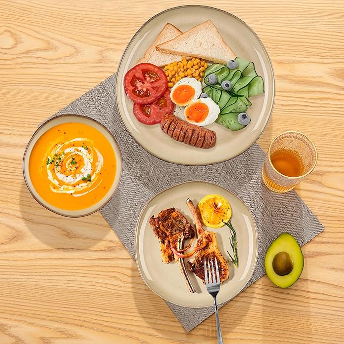 Herogo Stoneware Dinnerware Sets for 6, 18pcs Irregular Handmade Dinner Dish Set, Plates and Bowls Dishware for Kitchen Dining, Microwave & Dishwasher Safe, Cream Khaki