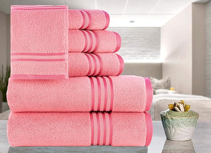 CASA COPENHAGEN Zero Twist, 6 Pieces Set 100% Cotton 0" Twist Towel Set- Pink, 600 GSM, 2 Bath, 2 Hand, 2 Washcloths Made from Egyptian Cotton, Ultra Soft Luxury Towels for Bathroom.