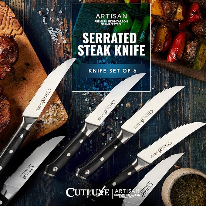Cutluxe Steak Knives Set of 6, Serrated Steak Knives – Forged High Carbon German Steel, Full Tang, Ergonomic Handle Design – Artisan Series