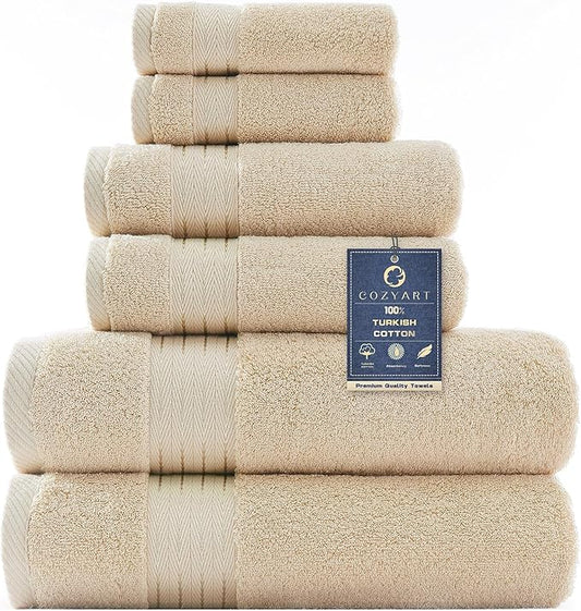 COZYART Beige Bath Towel Set, Turkish Cotton Hotel Large Towel Bulk for Bathroom, Thick Bathroom Set of 6 with 2 Bath Towels, 2 Hand Towels, 2 Washcloths, 650 GSM
