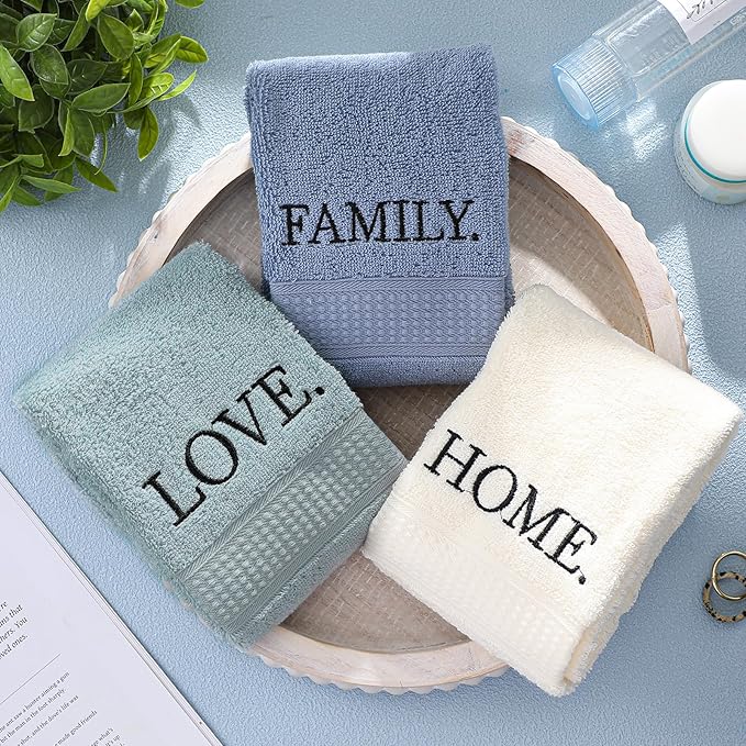 3 Pcs Home Love Family Decorative Hand Towels for Bathroom and Kitchen Rustic Embroidered 100% Cotton Hand Towels Decorative Set for Christmas Holiday Bathroom Decor