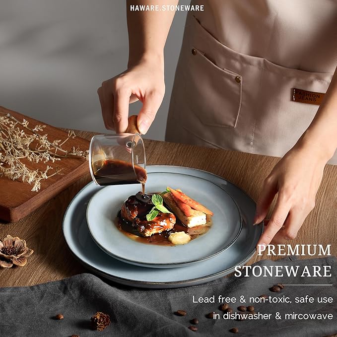 HaWare Dinnerware Sets, 24-Piece Stoneware Plates and Bowls Set, Dish Set for 8, Ceramic Dishware for Home Restaurant, Chip and Scratch Resistant, Microwave and Dishwasher Safe, Reactive Foggy Blue