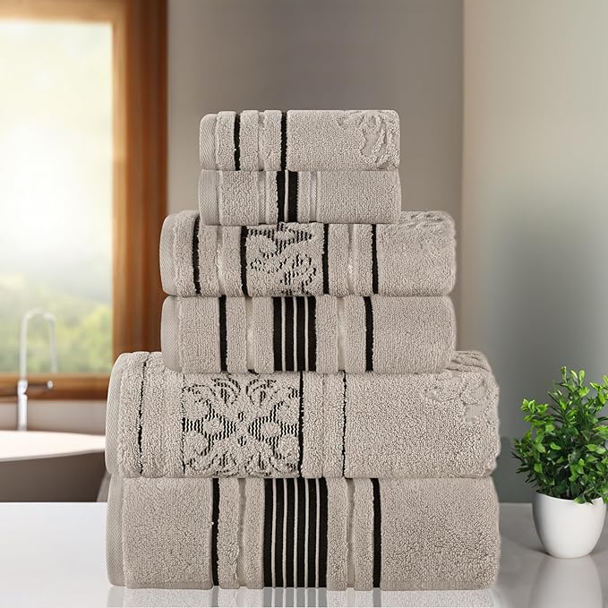 Superior Cotton 6 Piece Assorted Floral Towel Set, Includes 2 Bath, 2 Hand, 2 Washcloth/Face Towels, Quick Dry, Home Essentials, Shower, Spa, Luxury Plush Soft Absorbent Towels, Zero Twist, Stone
