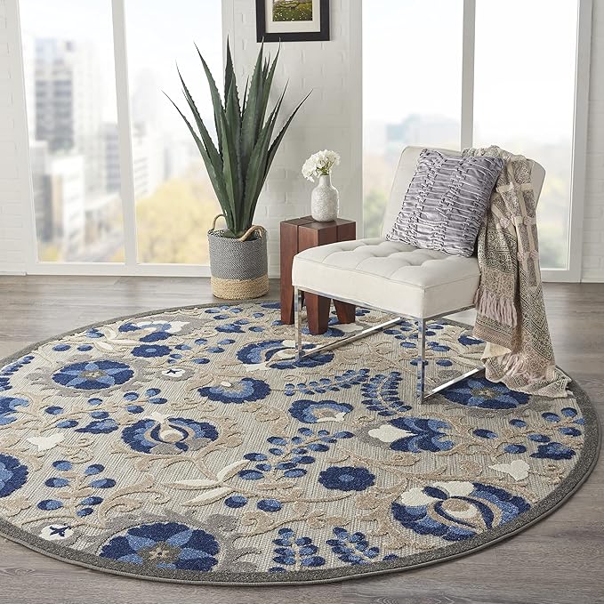 Nourison Home Aloha Natural Blue 7'10" x Round Area Rug - Easy Clean, Non Shedding, Bed Room, Living Room, Dining Room, Kitchen (8' x Round)