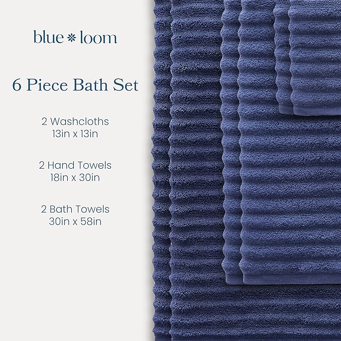 Blue Loom Ribbed Bath Towels Set, 100% Cotton 600GSM, Soft Absorbent Durable 2 Bath Towels, 2 Hand Towels, 2 Wash Cloths for Bathroom - Mason (58" x 30" inch Towels) (Navy, 6 Piece)