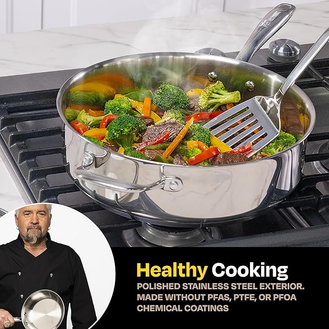 Guy Fieri's Flavortown 5 Qt. Stainless Steel Sautepan with Lid - Premium Three-Layer Cookware, Oven-Safe up to 500F