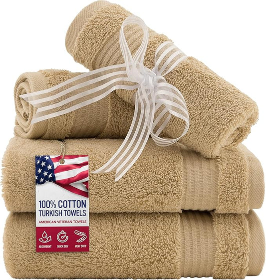 American Veteran Towel, 100% Cotton Turkish Washcloths for Bathroom Essentials 4 Pack, Soft Absorbent Wash Cloths Quick Drying Small Towels Washrags, Beige