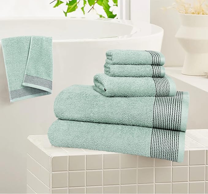 Belizzi Home 100% Cotton Ultra Soft 6 Pack Towel Set, Contains 2 Bath Towels 28x55 inchs, 2 Hand Towels 16x24 inchs & 2 Washcloths 12x12 inchs, Compact Lightweight & Highly Absorbant - Sea Green
