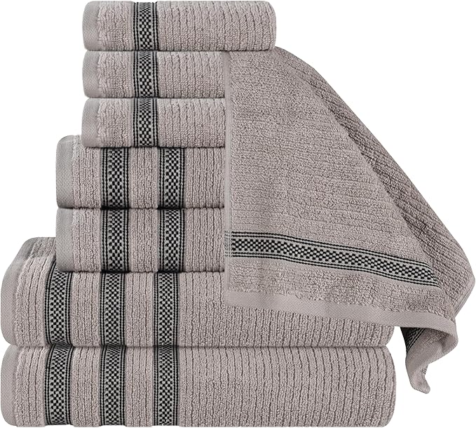 Superior Cotton 8-Piece Towel Set, Zero Twist, Ribbed Geometric, Bathroom Essentials, Shower, Spa, Luxury Plush Soft Absorbent Towels, Includes 2 Bath, 2 Hand, 4 Washcloth/Face Towels, Grey