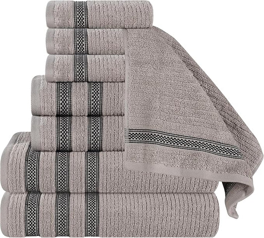 Superior Cotton 8-Piece Towel Set, Zero Twist, Ribbed Geometric, Bathroom Essentials, Shower, Spa, Luxury Plush Soft Absorbent Towels, Includes 2 Bath, 2 Hand, 4 Washcloth/Face Towels, Grey
