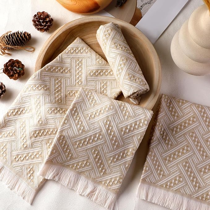 4 Pack Boho Bathroom Hand Towel 14 x 30 Inch 100% Turkish Cotton Decorative Boho Kitchen Hand Towel Farmhouse Bathroom Decor Set Absorbent Soft Guest Tea Gift(Brown,White)