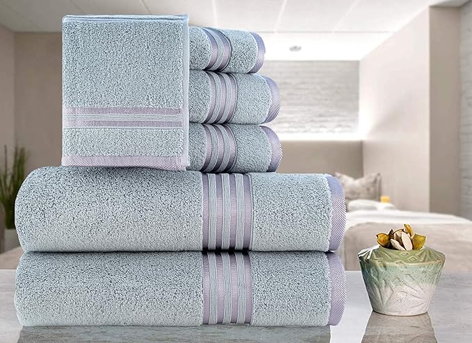 CASA COPENHAGEN Zero Twist, 6 Pieces Set 100% Cotton 0" Twist Towel Set- Grey Violet, 600 GSM, 2 Bath, 2 Hand, 2 Washcloths Made from Egyptian Cotton, Ultra Soft Luxury Towels for Bathroom