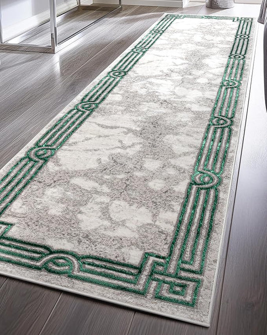 Well Woven Lezlee Abstract Modern 2'7" x 9'10" Runner Rug - Emerald Green Marble Border - for Hallway, Entryway, Stair