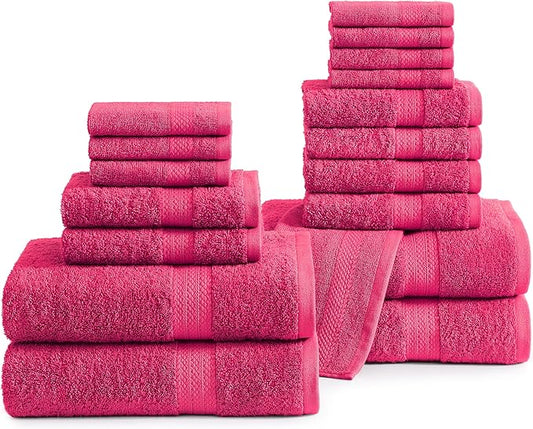 LANE LINEN 100% Ring Spun Cotton Luxury Bath Towel Set - 18 PCs - 4 Bath Towels, 8 Washcloths & 6 Turkish Hand Towels for Bathroom - Sustainably Produced, Ultra Soft & Absorbent - Fuschia
