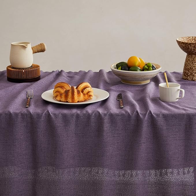 Linen Tablecloth with Tassels, Farmhouse Style Purple Tablecloth, Water Resistant Burlap Tablecloths for Rectangle Table, 52x70 Inch Purple