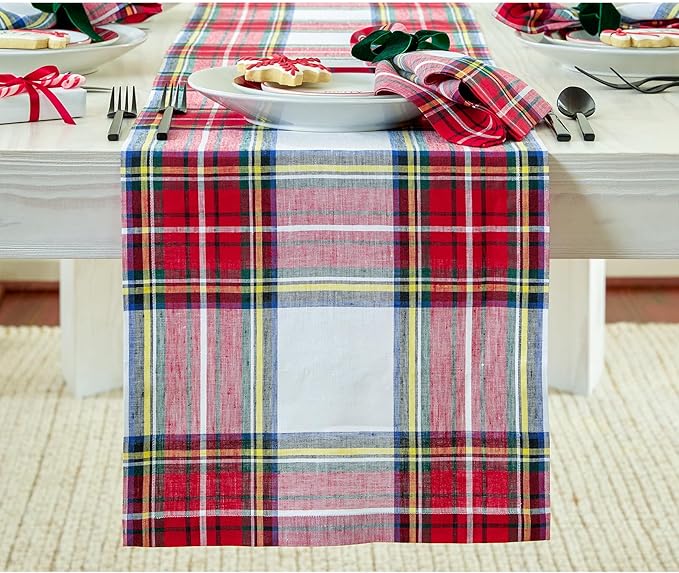 Solino Home Linen Plaid Table Runner 60 Inches - 100% Pure Linen Stewart Tartan Plaid White Table Runner 14 x 60 Inch Ideal for Dresser and Coffee Tables