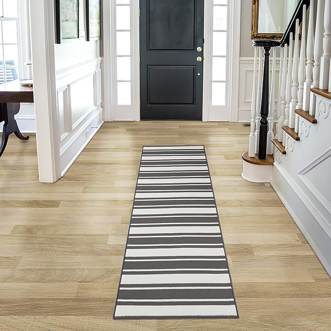 Nautica – Runner Rug | Indoor Runners for Hallways and Entry Rugs| Non-Slip and Non-Skid Entry and Kitchen Door Mat| Machine Washable Entryway Carpet Rugs | 26” x 72” | Stripe Dark Grey