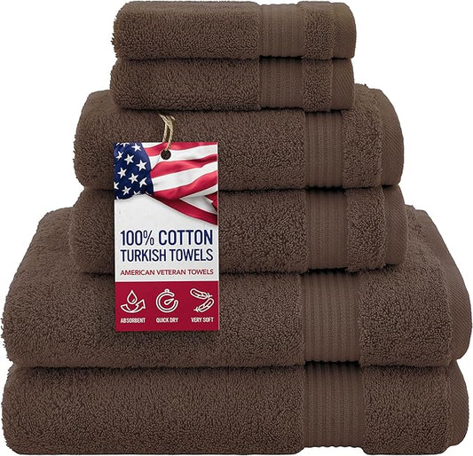 American Veteran Towel, 100% Cotton Turkish 6 Piece Towel Set, Luxury Towels Set of 6 for Bathroom Essentials, 2 Bath Towels 2 Hand Towels 2 Washcloths, Brown