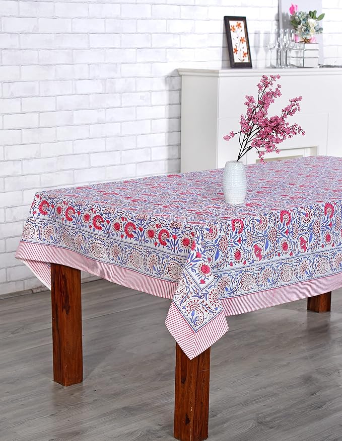 Ridhi Pigeon Blue Flamingo Pink Hand Block Print Cotton Rectangle Tablecloth 190" x 72" inches Reusable Table Cover Decorative Everyday Use for Dining, Farmhouse, Home, Party, Festive, Wedding, Fall