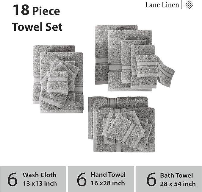 LANE LINEN 18 Pack Towels for Bathroom – 100% Mercerized Cotton, Zero Twist, 6 Bath, 6 Hand Towel & 6 Wash Cloths,Gentle on Body, Highly Absorbent, Remains Soft After Wash, Hotel & Spa Quality – Grey