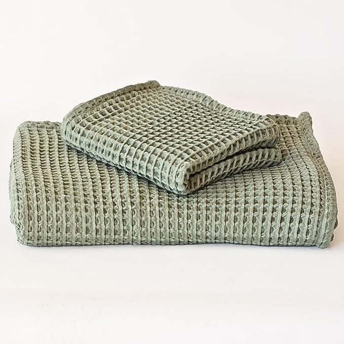 2-Piece Waffle Towels Set for Bathroom Sage Green - Soft 100% Turkish Cotton Quick-Dry Lint-Free Waffle Weave Thin Bath and Hand Towels (Sage, Set of 2 Mix Towels)