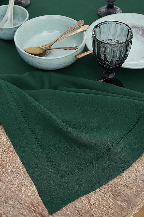 Solino Home Rainforest Green Linen Tablecloth 60 x 108 Inch - Classic Hemstitch, 100% Pure Linen Rectangular Tablecloth - Machine Washable Table Cloth for Winter, New Year