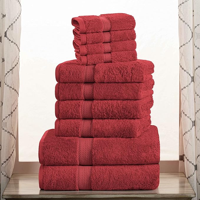 Superior Egyptian Cotton Pile 10 Piece Towel Set, Includes 2 Bath, 4 Hand, 4 Face Towels/Washcloths, Ultra Soft Luxury Towels, Thick Plush Essentials, Guest Bath, Spa, Hotel Bathroom, Red