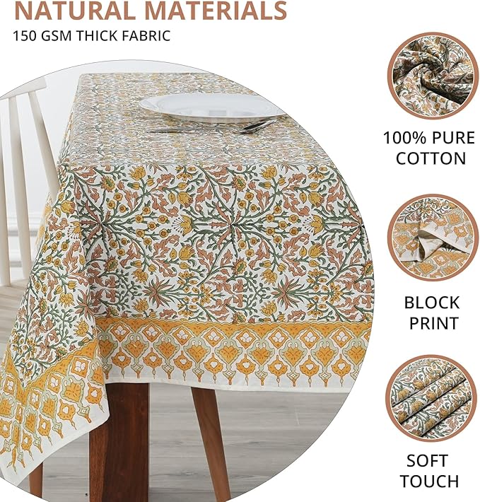 Ridhi Goldenrod Yellow Hand Block Print Cotton Rectangle Tablecloth 118" x 70" inches Reusable Table Cover Decorative Everyday Use for Dining, Farmhouse, Home, Party, Festive, Wedding, Fall