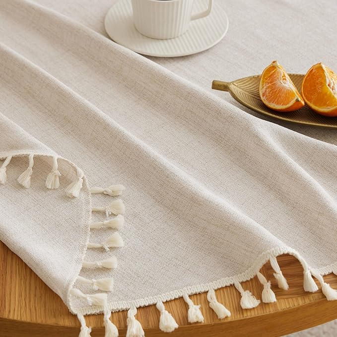 Linen Tablecloth with Tassels, Farmhouse Style Light Beige Tablecloth, Water Resistant Burlap Tablecloths for Round Table, 60 Inch Round Light Tan