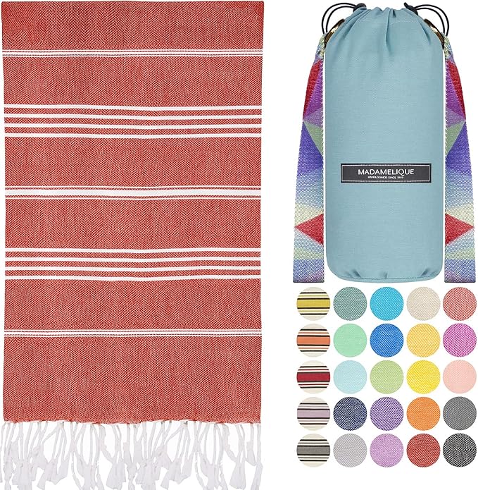 Madamelique Turkish Beach Towel with Beach Bag - 39 x 74 - Prewashed Beach Towels Oversized -%100Cotton - Quick Dry - Sand Free - Hand Loomed Turkish Bath Towels - Unique Absorbent Towel (Red)
