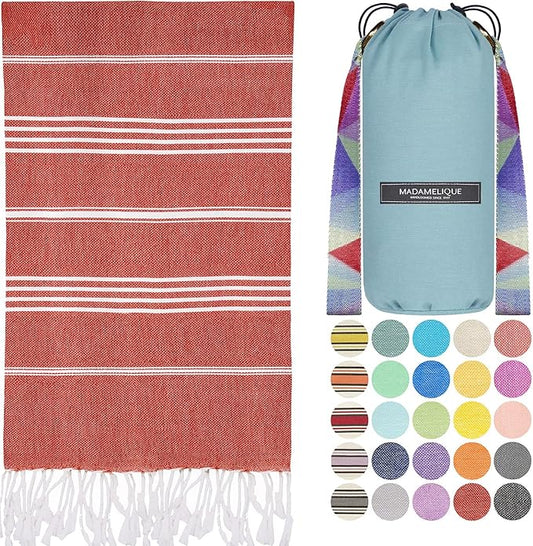 Madamelique Turkish Beach Towel with Beach Bag - 39 x 74 - Prewashed Beach Towels Oversized -%100Cotton - Quick Dry - Sand Free - Hand Loomed Turkish Bath Towels - Unique Absorbent Towel (Red)