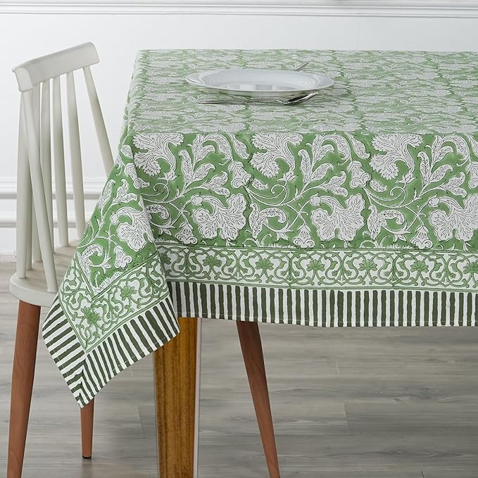 Ridhi Sage Green Hand Block Print Cotton Rectangle Tablecloth 140" x 72" inches Reusable Table Cover Decorative Everyday Use for Dining, Farmhouse, Home, Party, Festive, Wedding, Fall