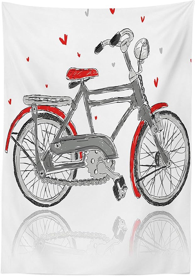 Ambesonne Romantic Tablecloth, Sketchy Hand Drawn Illustration of a Bicycle Vintage Bike Hearts Art Print, Rectangular Table Cover for Dining Room Kitchen Decor, 52" X 70", Grey Orange