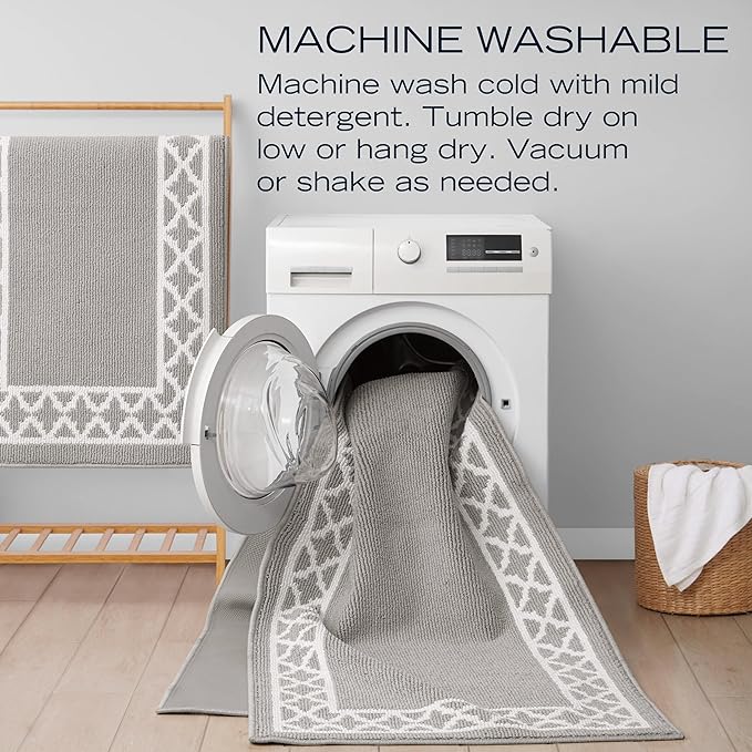 Nautica Runner Rug | Indoor Carpet for Entryway & Hallway Rug| Non-Slip and Non-Skid Entry | Machine Washable Low Profile Floor Mat | 26" x 72"| Trellis Border Light Grey and White