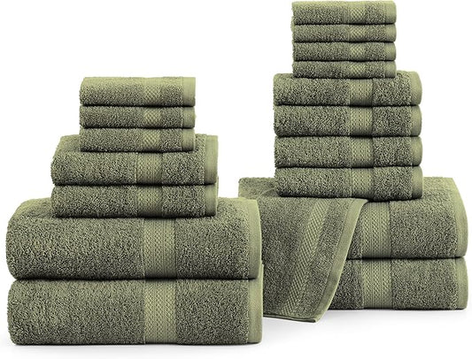 LANE LINEN 100% Cotton Luxury Towel Set for Bathroom - 18 Pieces, Ring Spun - Plush, Soft & Highly Absorbent - 4 Shower Towels, 8 Washcloths, 6 Hand Towels - Complete Bathroom Towel Set - Oil Green