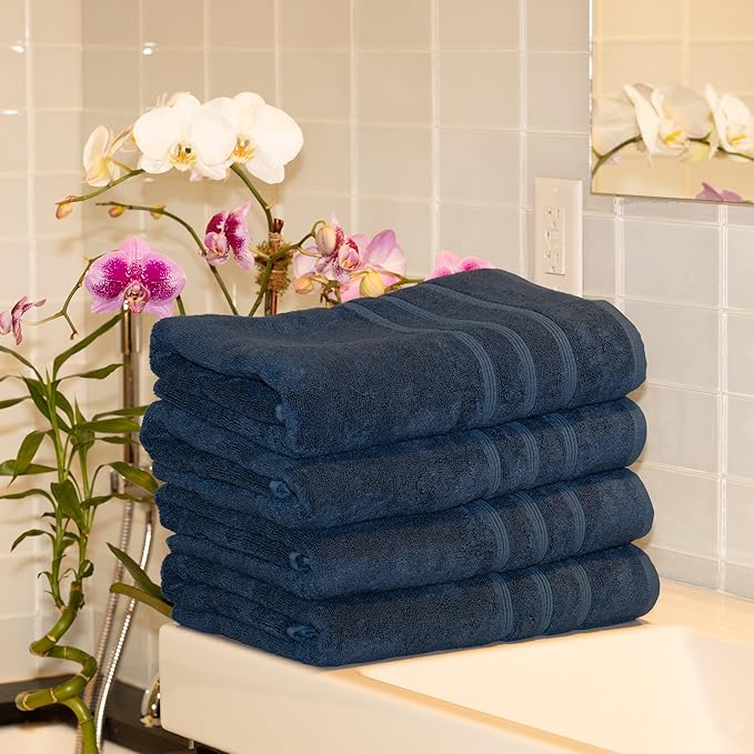 Mosobam Luxury Turkish Set of 4 Bath Towels 30X58 Navy Blue 700 GSM Bamboo Viscose & Aegean Turkish Combed Cotton