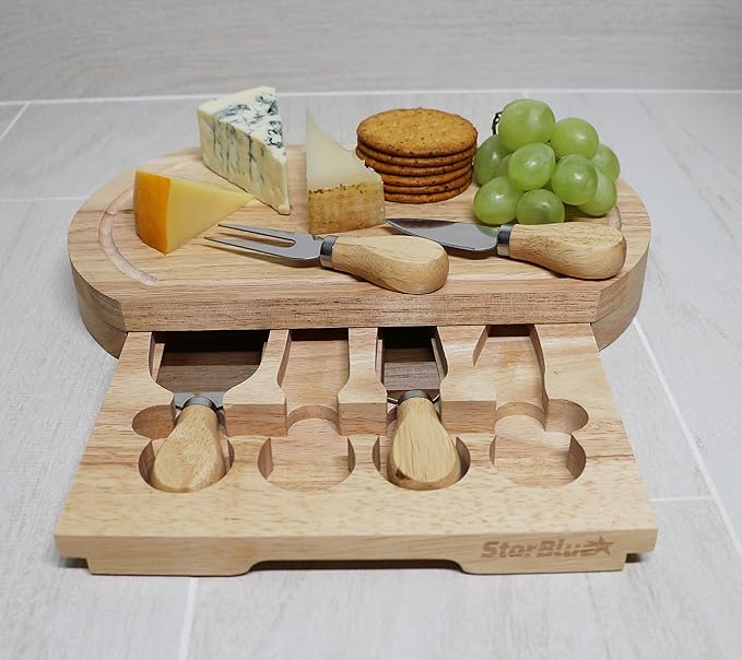 Cheese Board Set by StarBlue - with 4 Knives and Slide Out Drawer | Large Oak Wooden Cheese and Platter Cutting Serving Plate Tray | Best for Housewarming and Birthday Gift