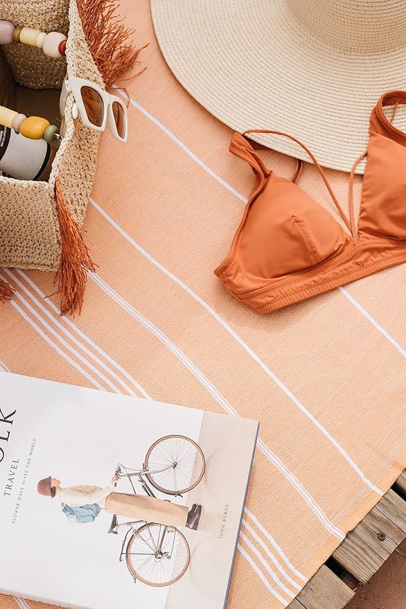 Madamelique Turkish Cotton Beach Towel, Orange, 39in x 72in, Ultra Absorbent, Quick Drying, Soft, Durable, Travel Friendly