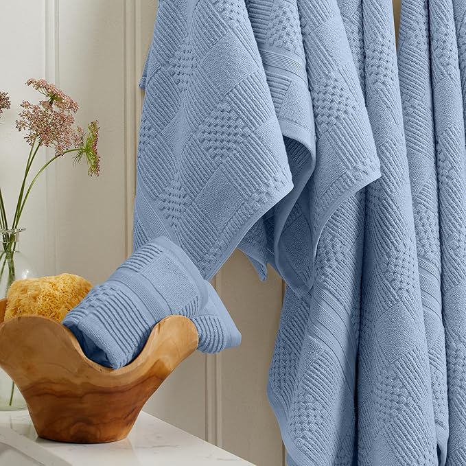 Springtree Home 100% Cotton Bathroom Towel Set | 6 Piece Set - Blue Towels | Geometric Textured Design | Absorbent & Quick-Dry | Oeko-TEX® Standard 100 Cotton | Myla Collection - Blue Cashmere
