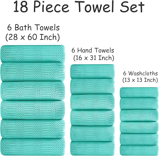 18 Pcs Blue Green Woven Family Towels Set-6 Bath Sheets,6 Hand Towels,6 Washcloths Soft Polyester Towels Absorbent Shower Towel Quick Dry Beach Chair Towel Lint Less Towels Set for Bathroom Spa Gym