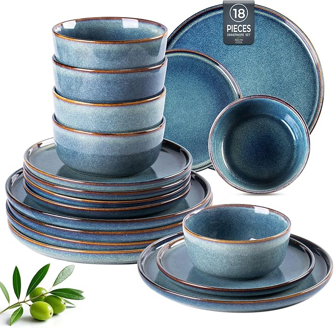AmorArc Ceramic Dinnerware Sets for 4,Round Reactive Glaze Stoneware Plates and Bowls Set,Highly Scratch Resistant Dishware | Dishwasher & Microwave Safe Dishes Set,Service for 6 (18pc)