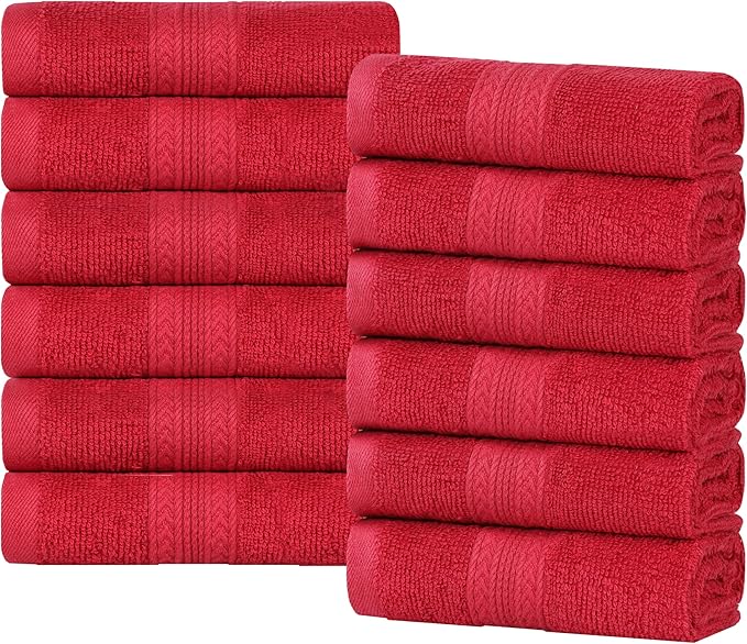Superior Eco-Friendly Cotton 12-Piece Face Towel/Washcloth Set, Small, Fast Drying Towels for Face, Spa, Resort, Hotel, Hand, Shower, Guest Bathroom, Home, Airbnb, Apartment Essentials, Cranberry